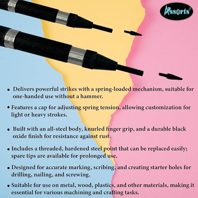 Assorts Automatic Center Punch with Replaceable Hardened Steel Tip (Set of Both)