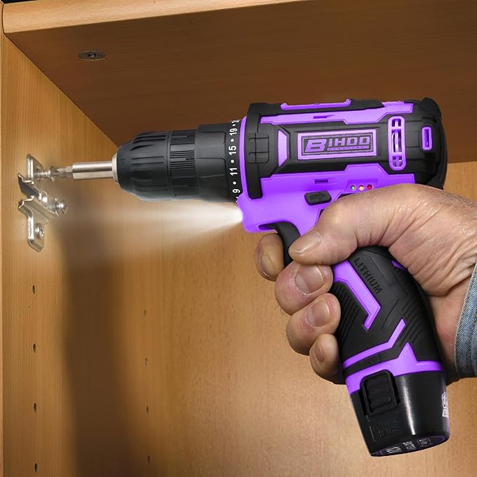 Purple 12V Cordless Drill,Electric Power Driver Kit,3/8-Inch Keyless Chuck, Variable Speed,with Drills Bits Set for Home DIY