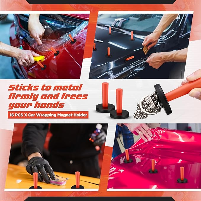 Dunkive 16 Pcs Red Car Vinyl Wrap Magnets Holder Tool Kits for Car Wrapping and Crafts Sign Making Window Tint Tools Magnets