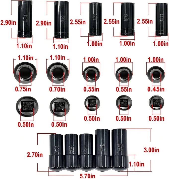 71670 Large Tap Socket Set 5 pcs Compatible with 5/8" 11/16" 3/4" 7/8" and 1" Taps with 1/2" Drive Fits MCTI Standard Taps
