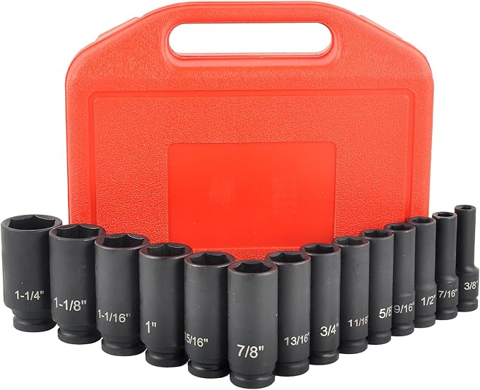 1/2" Impact Socket Set,14 Piece 6 Point Impact Set,Standard Impact Socket,SAE Sizes(3/8,7/16, 1/2, 9/16, 5/8, 11/16, 3/4, 13/16, 7/8, 15/16, 1, 1-1/16, 1-1/8, 1-1/4'') Deep Socket Set 1/2 Drive