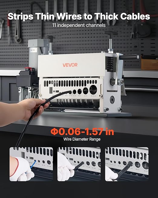 VEVOR Electric Wire Stripper Machine, 0.06-1.57 in, 11 Channel Automatic Copper Cable Stripper, 370W Wire Stripper Tool with Manual Hand Crank Mode, Emergency Stop Button, for Scrap Copper Recycling