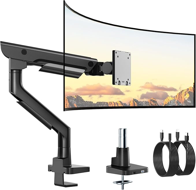 monTEK Sleek Aluminum Monitor Arm for 17??7??Ultrawide Screens up to 59.4 lbs, USB 3.0 A/C, Heavy Duty Single Monitor Arm Desk Mount, Pneumatic Lift, Quick-Release Plate, Clamp/Grommet, VESA 100x100