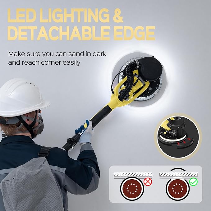 Drywall Sander, 2025 Upgraded 8-Amp Popcorn Ceiling Removal Tool with 7 Variable Speed 800-1800RPM, Drywall Sander with Vacuum Dust Collector with Extendable Handle, LED Light, 12pcs Sanding Discs