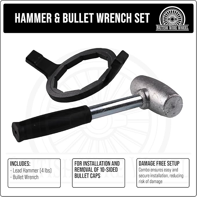 4lb Lead Hammer and 10-sided Bullet Wrench Set - Dead Blow Lead Hammer + Bullet/Diamond Wrench are Essential Tools for Lowriders with Bullet Knock-Off Spinner Cap Fitted Wire Wheels