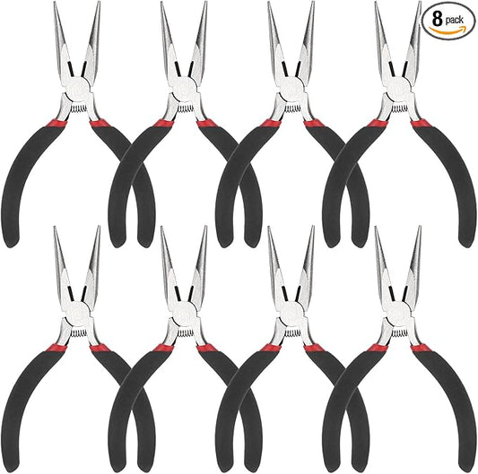 8 PCS Needle Nose Pliers, 5 Inch Long Nose Pliers Set Carbon Steel Serrated Jaw Plier for Wire Bending Cutting Jewelry Making Electronics Repair Object Grasping