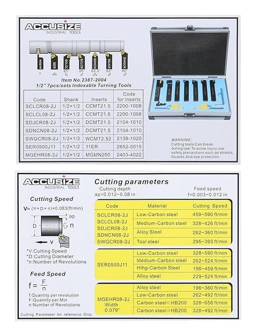 Accusize Industrial Tools 7-Ps Indexable Carbide Turning Tool Set, 1/2" Shank, C6 Grade TiN Coated Inserts, in Fitted Aluminum Case, 2387-2004