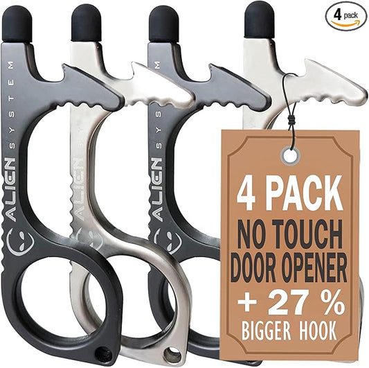 No Touch Door Opener tool 4 Pack - Premium keychain multitool - Hygienic Touch free Keychain tool - Touchscreen stylus, Button pusher, Bottle opener - Great for Employee appreciation gifts
