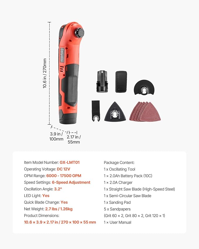 VEVOR Cordless Oscillating Tool, 12V Multitool Oscillating Saw Tool with 6 Variable Speeds 6000-17500 OPM, 3.2째 Oscillation Angle, 2.0Ah Battery Pack & Charger, 8PCS Saw Accessories & LED Work Light