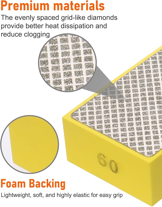 6 Pack Diamond Hand Polishing Pads, Diamond Sanding Pads with Foam Backing 60/100/200/400/600/1000 Grit, Sanding Block for Glass Wood Ceramic Marble Metal Tile Tools.