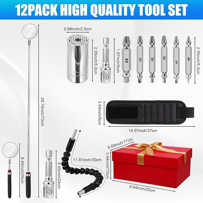 Lasnten 12 Pack Drill Socket Adapter Flexible Drill Bit Extension for Men Damaged Screw Extractor Socket Wrench Power Magnetic Wristband Inspection Mirror for Dad Husband Adults Him Birthday Gifts