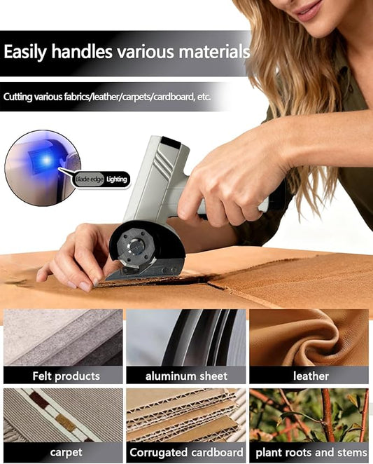 Cordless Scissors Electric Cutter: 4.2V Rechargeable LED Display Cardboard Cutting with 2 Blades LED Light Easy and Safe Cutting - Office Tailors Handmade Crafts and Warehouse (White)