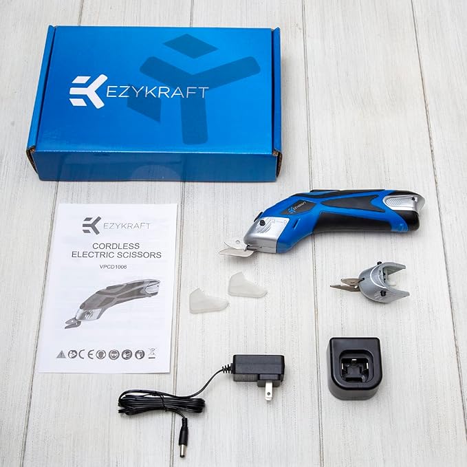 Cordless Electric Scissors for Cutting Fabric - Multifunctional Craft & Cardboard Scissors With Stainless Steel Blades & Replacement- 3.6V Lithium Ion Battery - Includes Charging Cable - Blue/Black