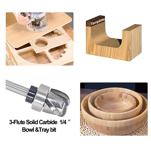 Pattern Flush Trim Router Bit 1/4 Shank, 3-Flute, 1/4" Radius, 3/4" Dia, 5/8" Height, Carbide Head Bowl & Tray Router Bits, Round Nose Cove Juice Groove Router Bit, for Making Wood Bowls/Trimming
