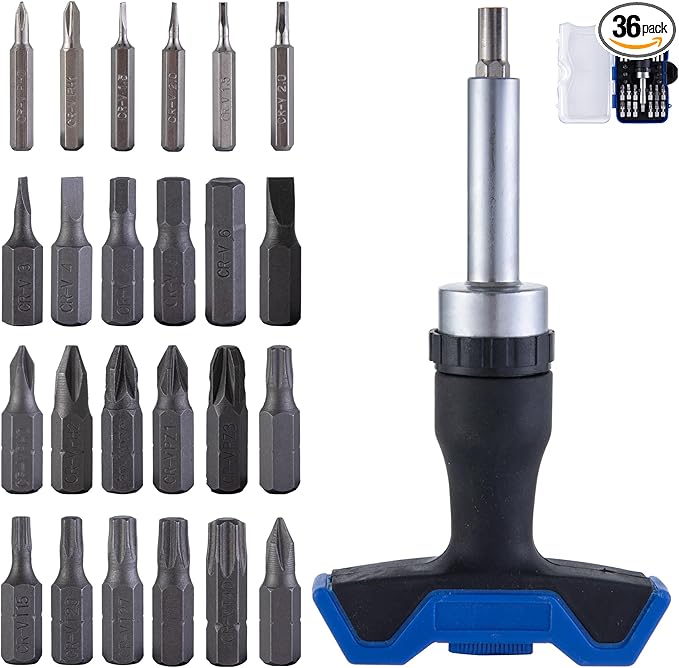 25pc T-Handle Screwdriver Set - Multi Bit Screwdriver Kit (Phillips, Pozi, Slotted, Hex, Torx) & 6pc Precision Bits + 2-in-1 T-Type (Black -25 pieces)