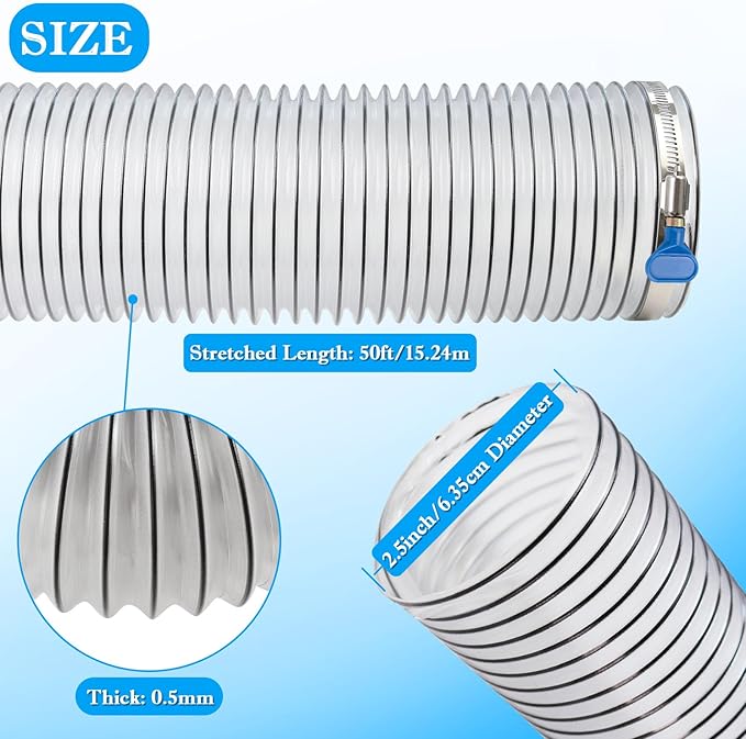 2-1/2"x50'PVC Dust Collection Hose,2.5Inch Dust Collector Hose for Woodworking,Workshops Dust Collection System,Puncture Resistant Flexible Clear PVC Fume Hose Dust Collection Tube w/Carbon Steel Wire