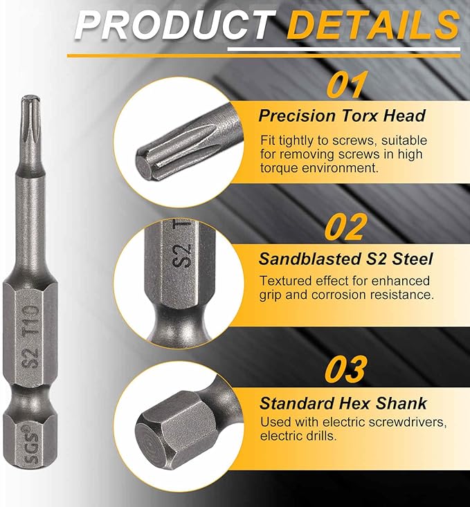 HARFINGTON 2pcs T10 Torx Head Screwdriver Bit 1/4" Hex Shank 2" (50mm) Long Magnetic No Hole Tip Tamper Proof 6 Point Star Screw Driver Drill Bits S2 Steel Industrial Power Screwdrivers