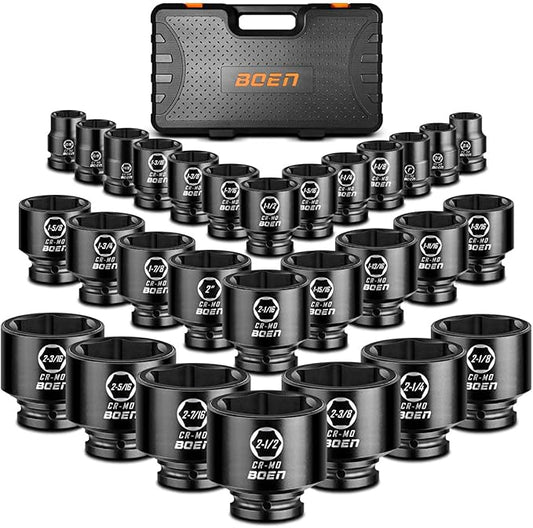 boen 3/4" Drive SAE Impact Socket Set, 3/4 inch - 2-1/2 inch Large Sockets, 6-Point Sockets, Rugged Construction, CR-MO, Standard Socket Set, 29PCS with Storage Case