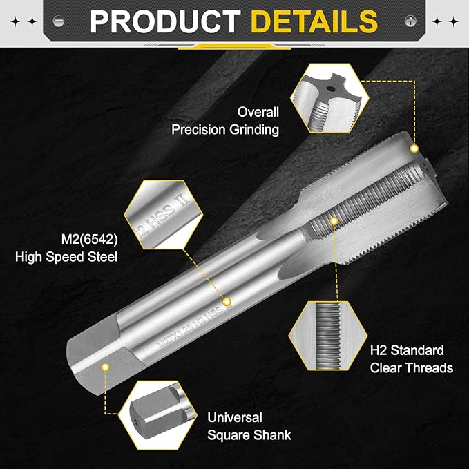 uxcell Hand Plug Tap M27 x 1.25 H2 Metric Thread Plug Style Taps Straight Flute Screw Tapping Threading Tool High Speed Steel HSS6542