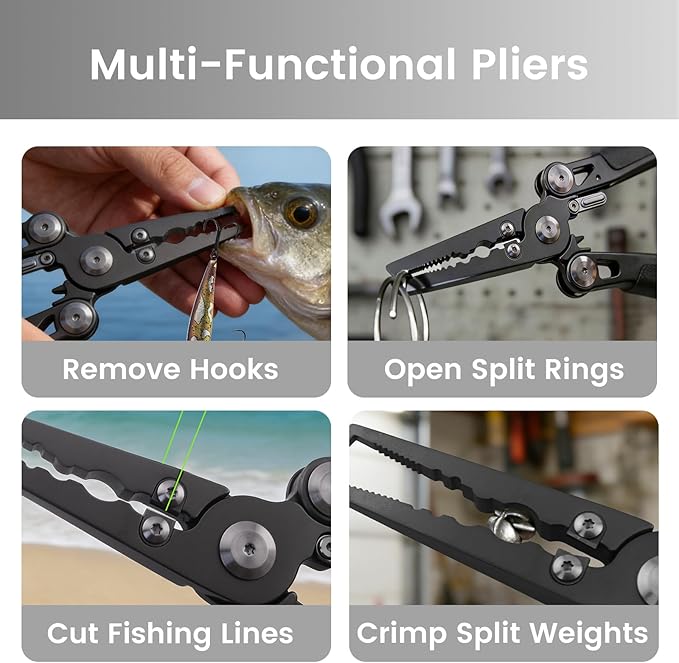 Pristis Multitool Pocket Pliers, Foldable Stainless Steel Titanium Coated Multi-Function Hook Remover, Portable Folding Professional Saltwater Split Ring Fishing Gear Kit for Outdoor Camping