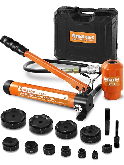 AMZCNC 15 Ton 1/2 Inch to 4 Inch Hydraulic Punch Driver Kit Manual Hole Knockout Puncher Tool w/ 10 Dies (15T(1/2"~4"))