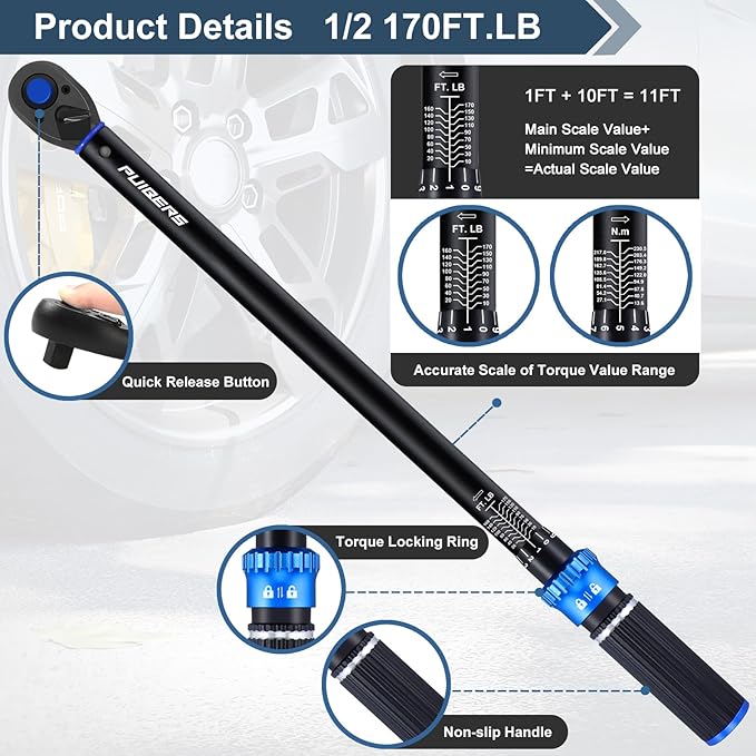 Torque wrench Set 1/2 drive,1/2 Torque Wrenches 10-170 FT.LB/13.6-230.5 Nm,짹3% Precision Wrench with 1/2'' to 3/8'' Socket Adapter, 5 Inch Extension Bar for Car and Moto Maintenance