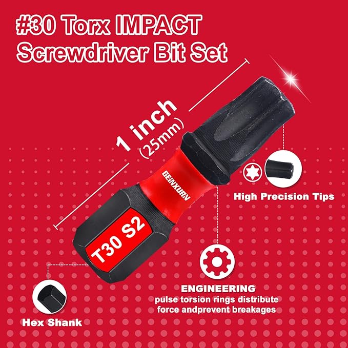 15 Pieces T30 Impact Tough Magnetic Screwdriver Bit Set, 1 In. #30 Torx Head Insert Bit Set, S2 Alloy Steel T30 Star Bit Set