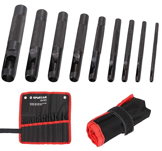 Spurtar Hollow Punch Set 9 Pieces 2.5-10.0mm Heavy Duty Carbon Steel Round Leather Hole Tool Leather Punch Set Kit for Watch Cloth Belt Gaskets with Storage Bag (Black)