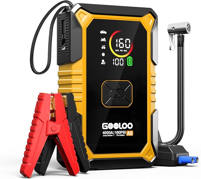 GOOLOO A5 Car Jump Starter with Air Compressor, 4000A Portable Car Jump Starter (All Gas/10.0L Diesel) with 160PSI Auto-Off Tire Inflator, 45W Output Power Bank,12V Battery Jumper Starter Portable
