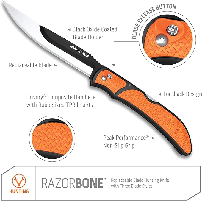 OUTDOOR EDGE RazorBone Replaceable Blade Folding Hunting Knife with Clip & Sheath, 3 Butcher Knife Blade Styles - Boning, Gutting, & Skinning Knives. Blaze Orange, Camo Sheath, 6 Blades & Blade Box