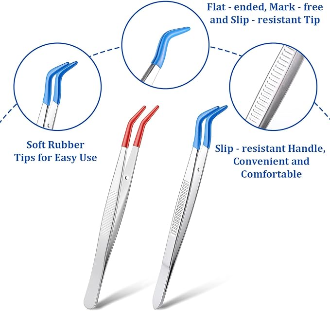2 Pcs Long Tweezers for Crafts, Rubber Tipped Tweezers Portable Stainless Steel Jewelry Tweezer Long Curve Sewing Tweezer for Making DIY Crafts Stamps Electronic Products, Blue & Red