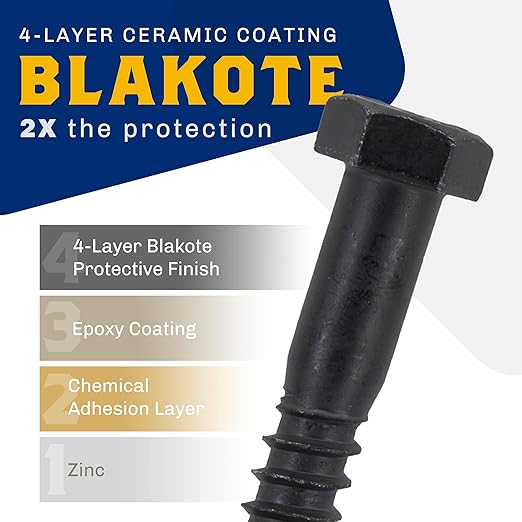 1/2" x 5?? 25-Piece Black Lag Bolts, Rustproof 4-Layer Ceramic BLAKOTE, 2X Protection of Galvanized Lag Screws, for Decks Pergolas by Makers Bolt