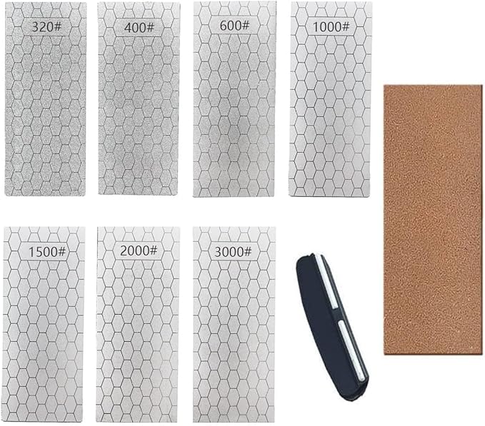 Diamond Sharpening Stone, Knife Sharpener Stone Whetstone Honeycomb Surface Plate with Non-slip Base for Pocket Knives Scissors (320/400/600/1000/1500/2000/3000 Grit竊똷ith Angle Guide and Leather)