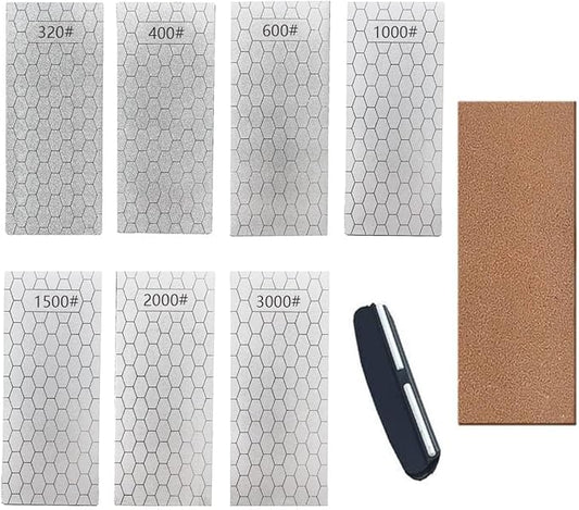 Diamond Sharpening Stone, Knife Sharpener Stone Whetstone Honeycomb Surface Plate with Non-slip Base for Pocket Knives Scissors (320/400/600/1000/1500/2000/3000 Grit竊똷ith Angle Guide and Leather)