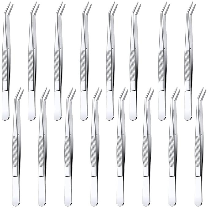 Honoson 16 Pcs Stainless Steel Tweezers for Crafting with Curved Serrated Tip Multipurpose Forceps Sewing Machine Tweezers Bulk (Silver)