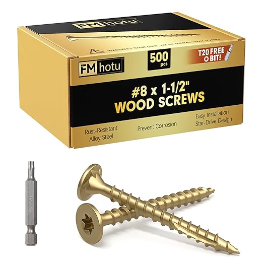 #8 x 1-1/2” Deck Screws, 500Pcs Star Drive Wood Screws, Rust Resistant Timber Screws for Timber/Log/Landscaping Wood, T20 Star Bit Included, Gold