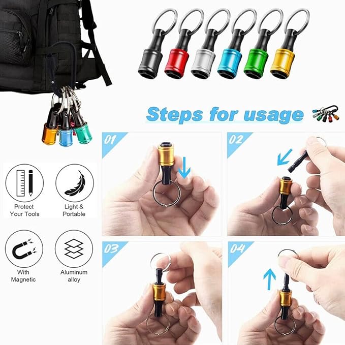 Bit Holder Key Chain 6pcs - 1/4 inch Hex Shank Bit Holders - Quick Release Design with Keychain Carabiner for Nut Driver, Screwdriver & Drill Bits, Aluminum Alloy, Color Coded - Gift for Men
