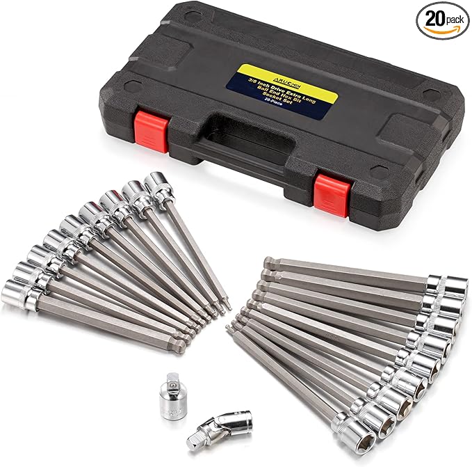 3/8 Inch Drive Extra Long Hex Bit Socket Set, 20-Piece Ball End Allen Socket Set With SAE and Metric 1/8 Inch to 3/8 Inch & 3mm to 10mm, CR-V and S2 Steel