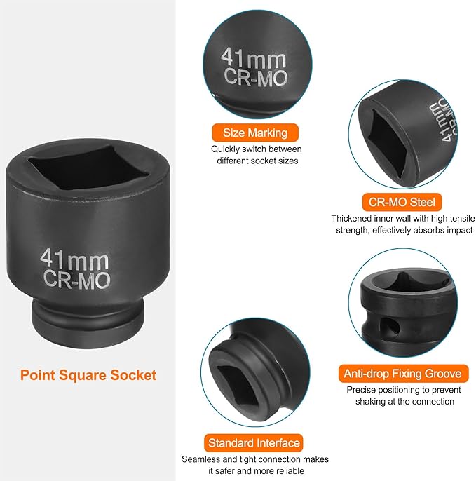 HARFINGTON 4 Point Square Socket 1" Drive 41mm Metric Square Impact Socket CR-MO Blackening Standard Wheel Sleeve Pneumatic Sleeve Tool for Auto Repair Mechanical Maintenance Home Use