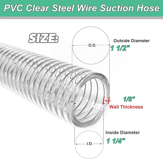 1-1/4"id-25ft PVC Reinforced Tubing Steel Wire Suction Flexible Hose Vinyl Tubing Heavy Duty PVC Vacuum Hose Drain Fuel Oil Gas Water for Marine Bilge Pump Pond Spa