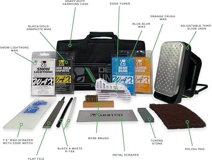DEMON UNITED USA Diamond Star Edition Ski & Snowboard Tuning Kit, All Season Snow Conditions Wax Kit, Hot Wax Iron, Wax Apron, Nylon Brush, Brake Retainers