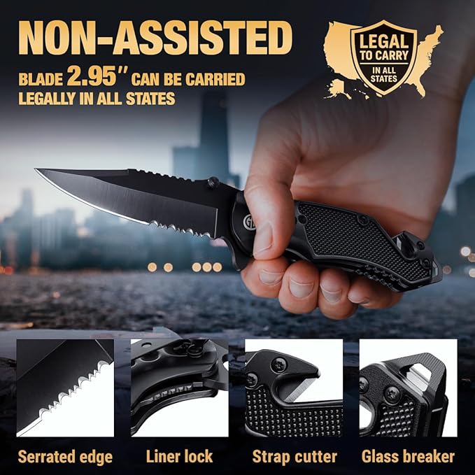 GOOD WORKER Legal Pocket Knife with 2.95??Serrated Blade, Glass Breaker, Seat Belt Cutter - EDC Sharp Folding Knives with Portable Clip - Small Tool for Tactical Camping Survival Hiking - Gifts for Men, Women