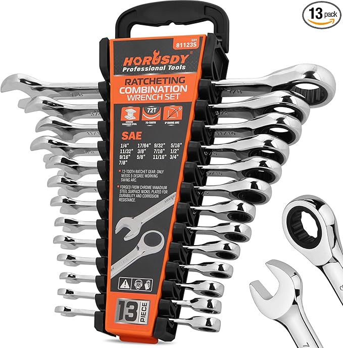 HORUSDY 13-Piece Sturdy Ratcheting Wrench Set | SAE 1/4''??/8'' | Max Torque Ratchet Combination Wrenches Set with Storage Rack | 72-Tooth | Chrome Vanadium Steel