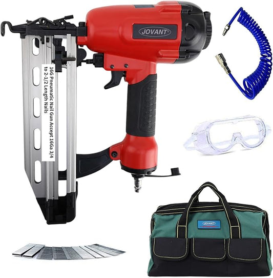 Pnumatic Finish Nailer,16Gauge Nail Gun Acepts 3/4 Inch up to 2-1/2 Inch Finish Nails.Brad Nailer Gun Can Hit Hardwood Ideal for Upholstery (Include 6m Air Tube & Portable Bag)