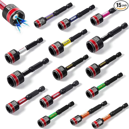 Impact Nut Driver Set, 15 Pieces 65mm 2.56?쒵ong 6mm/8mm/10mm/ 11mm/13mm 1/4??/16??/8??/16??/2??6 Point Alloy Steel Magnetic SAE Metric Nut Setter Set 1/4 Hex Shank with Case Box
