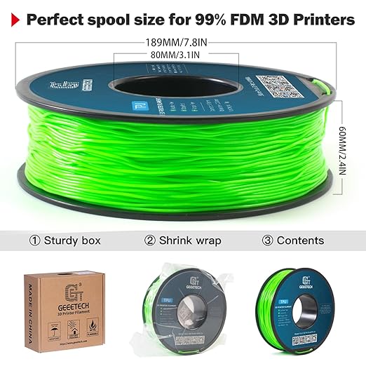 Geeetech TPU Filament 1.75mm ??95A Flexible 3D Printer Filament with High Elasticity, 1KG (2.2lbs) Spool, Dimensional Accuracy 짹0.03mm, Fits Most FDM Printers, Green
