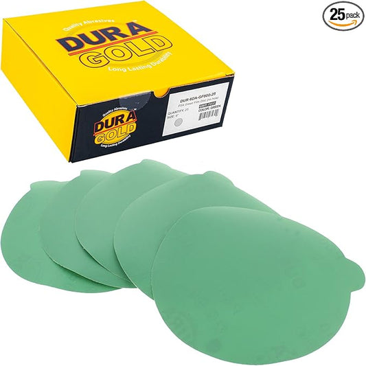 Dura-Gold Premium 6" Green Film PSA Sanding Discs - 600 Grit (Box of 25) - Self Adhesive Stickyback Sandpaper for DA Sander, Finishing Fine Cut Abrasive - Sand Automotive Car Paint, Woodworking Wood
