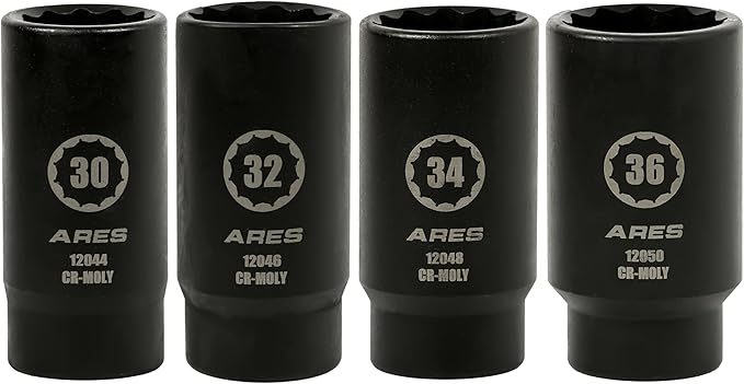 ARES 12062-4-Piece Axle Nut Socket Set - 30mm, 32mm, 34mm, and 36mm Axle Nut Sockets - 12 Point Sockets - Extra Deep 1/2-Inch Drive Impact Socket for Easy Removal of Axle Shaft Nuts