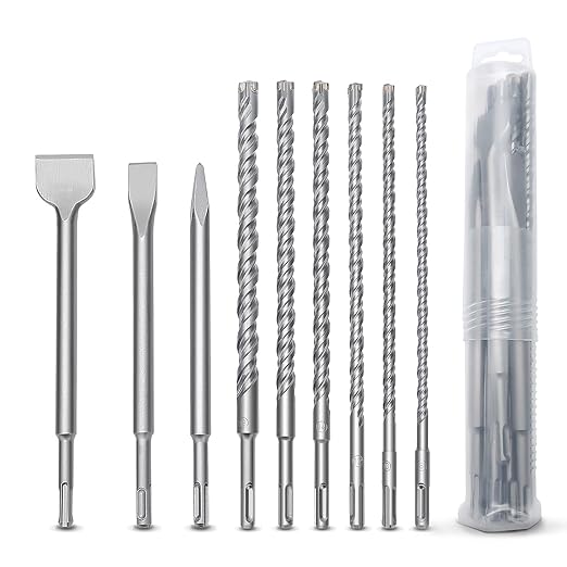 9 Pcs 5/16 to 11/16 inch (8-18mm) SDS Plus Rotary Hammer Drill Bits and Chisel Set, 8mm to 18mm SDS Plus Masonry Drill Bits Set for Concrete, Brick, Cement，Masonry Work, Length :12.2 inch