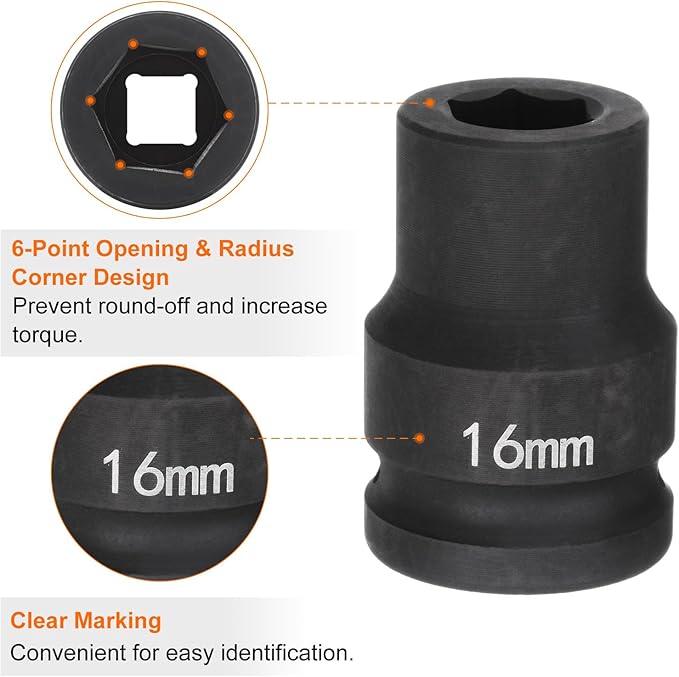 HARFINGTON 6-Point Impact Socket 3/4" Drive 16mm Metric 40Cr Alloy Steel Spindle Axle Nut Impact Socket